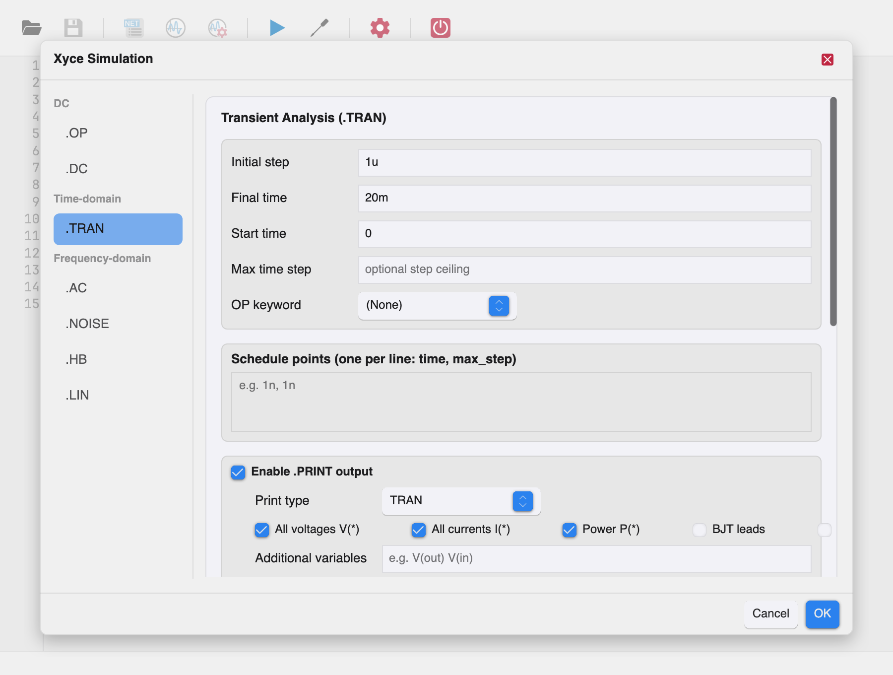 Simulation parameters dialog, transient tab